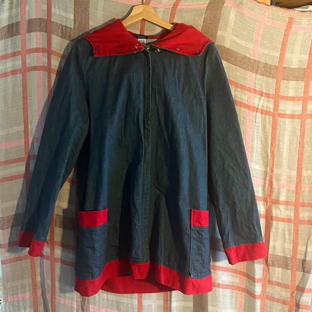 Nooworks hooded denim jacket with red trim L